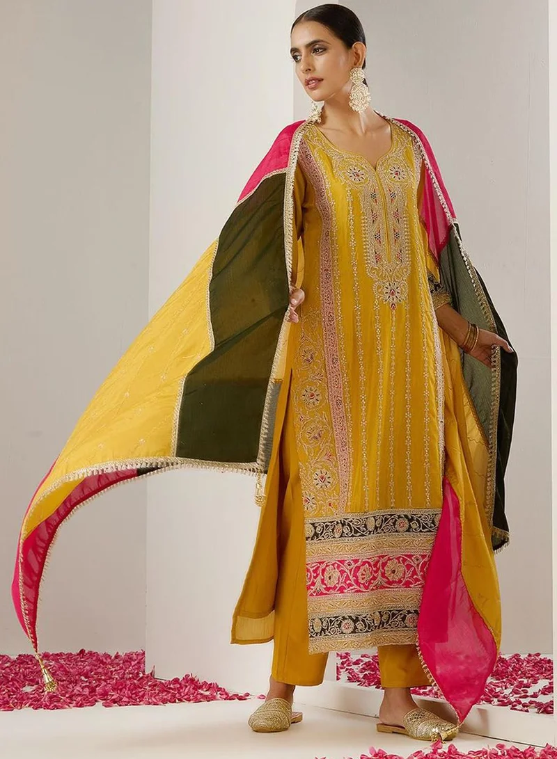 Ishin  Women's Mustard Polyester Blend Embellished Tunic Full Length Casual Straight Fit Kurta Set for Women | Best Price UAE
